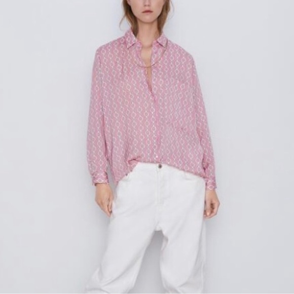 ZARA 💗⛓️💗 Beautiful Pink Chain Link Print Buttoned Blouse Top XS - Picture 2 of 5